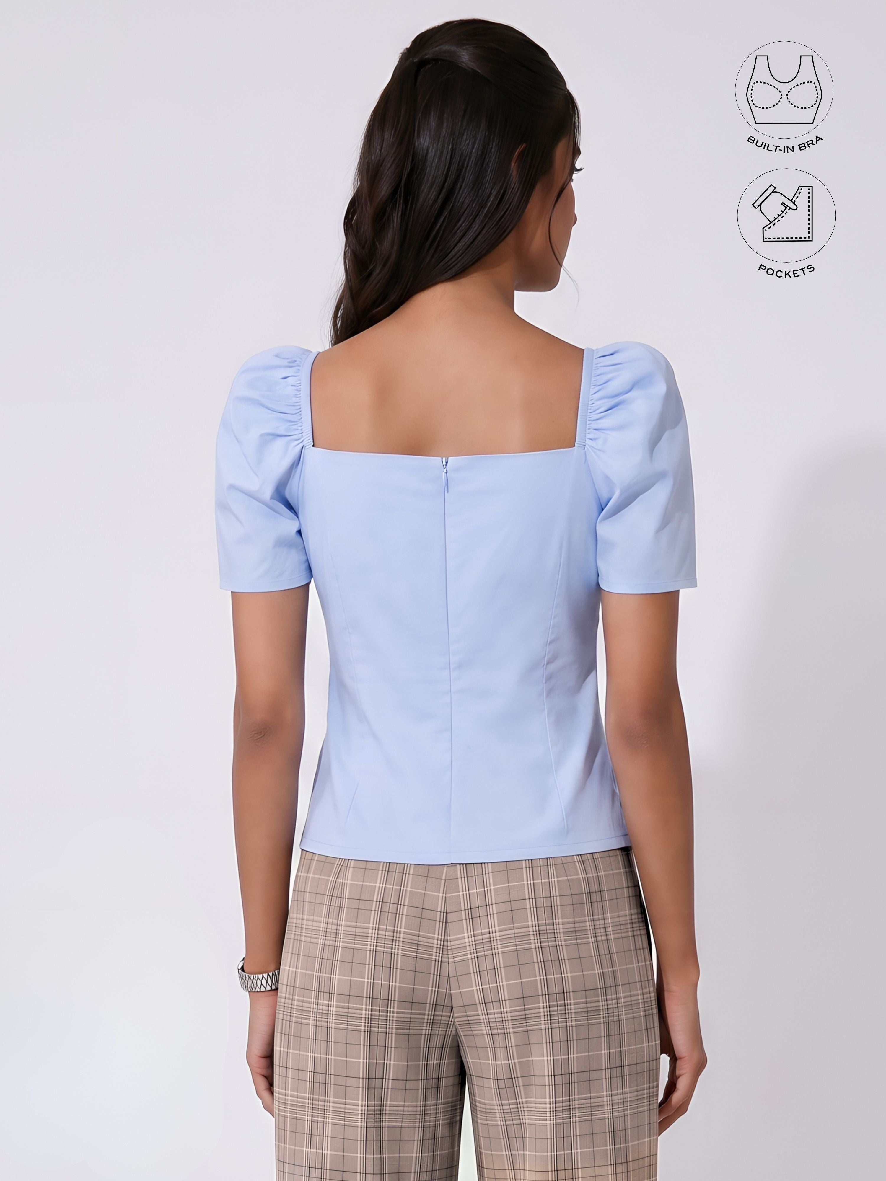 LEONIE ICE BLUE GATHERED SLEEVES BUTTON TOP WITH INBUILT BRA