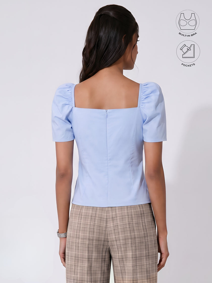 LEONIE ICE BLUE GATHERED SLEEVES BUTTON TOP WITH INBUILT BRA