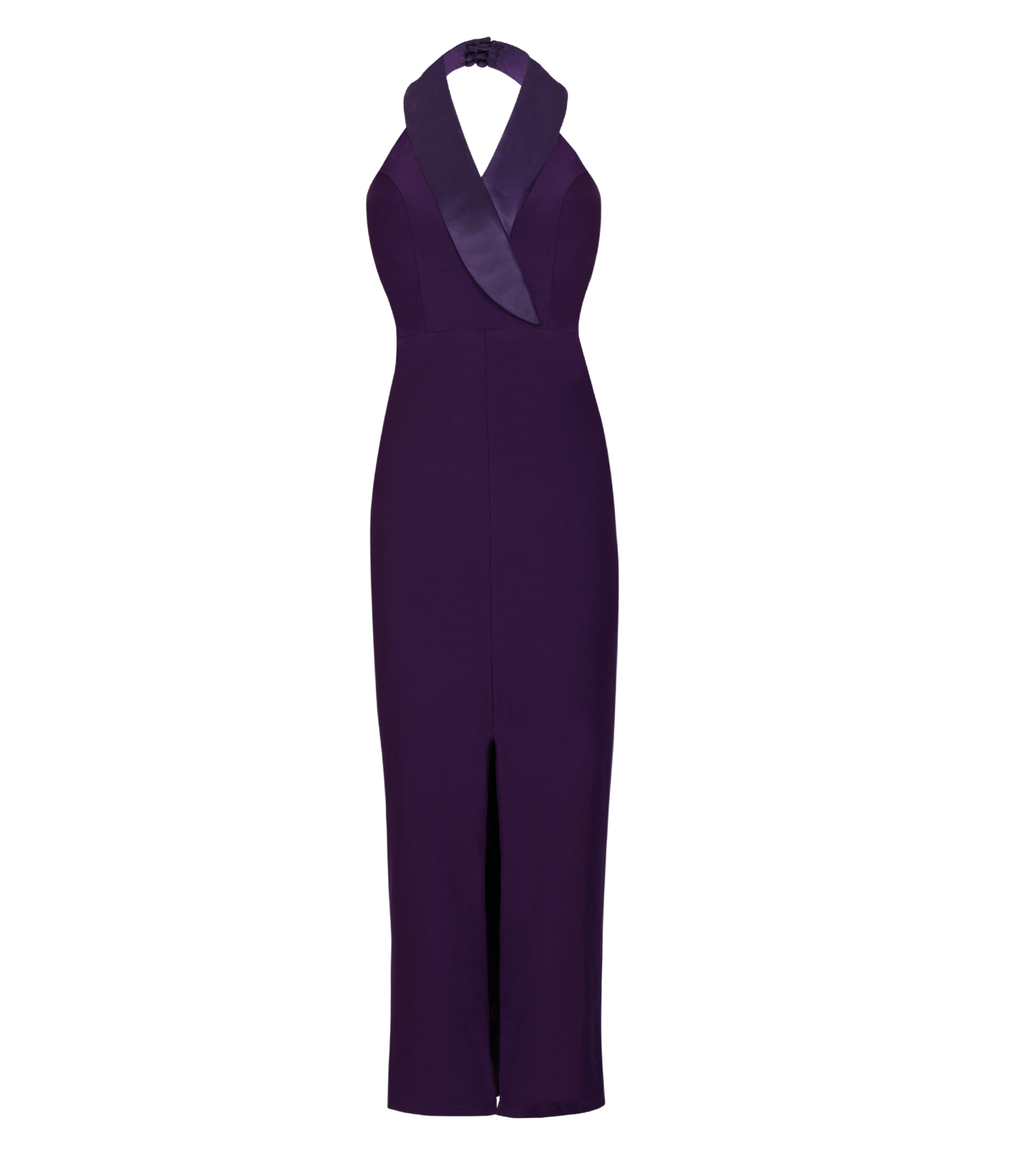 Women’s structured collar gown in eggplant purple shade.
