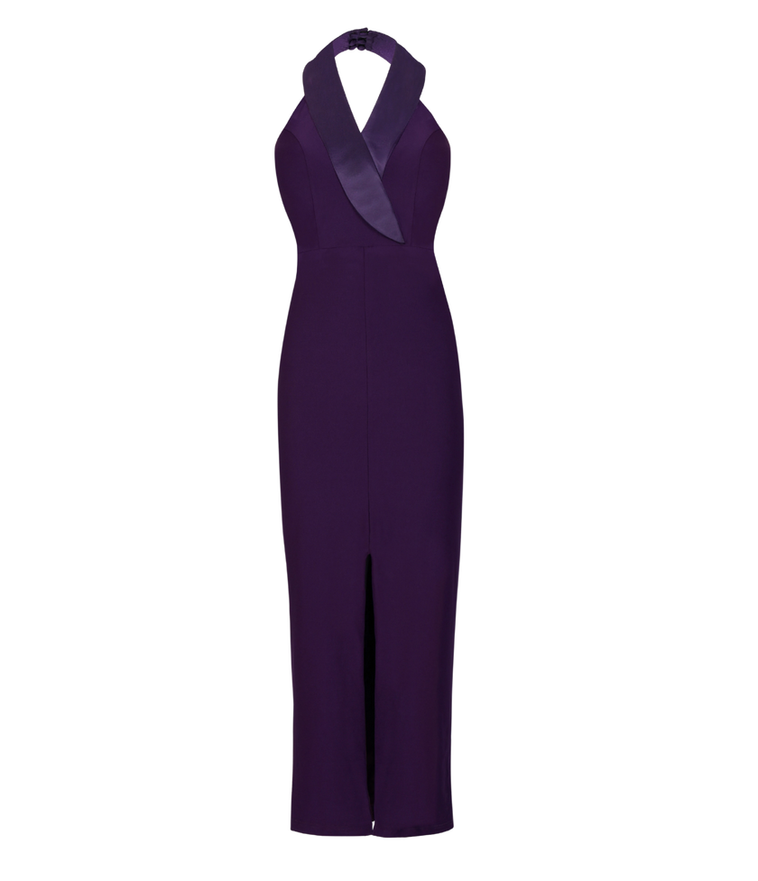 Women’s structured collar gown in eggplant purple shade.
