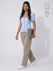 LEONIE ICE BLUE GATHERED SLEEVES BUTTON TOP WITH INBUILT BRA