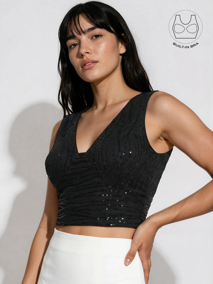 ASTRA BLACK BEADS & SEQUINS CROP TOP WITH INBUILT BRA
