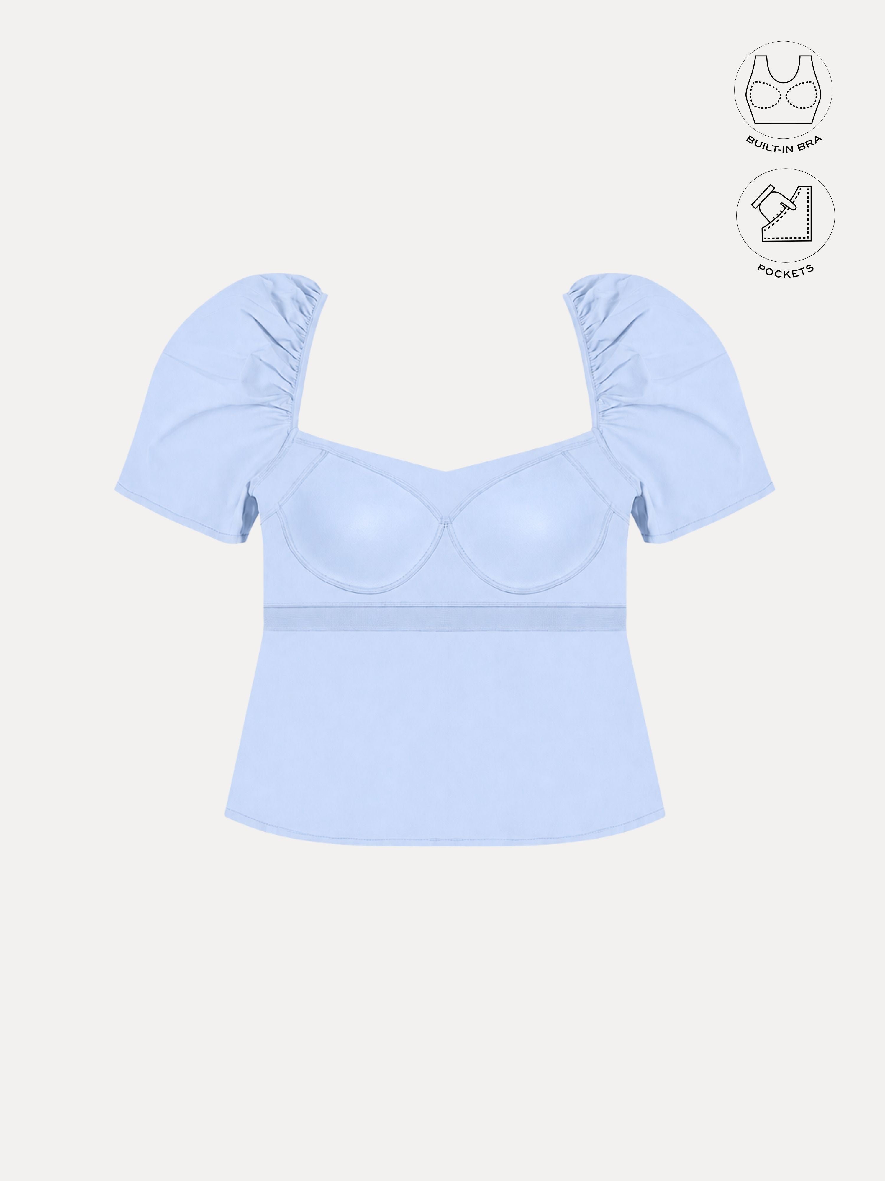 LEONIE ICE BLUE GATHERED SLEEVES BUTTON TOP WITH INBUILT BRA