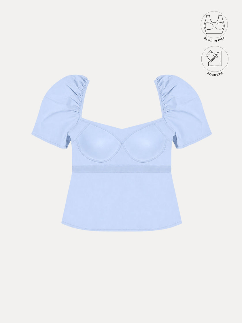 LEONIE ICE BLUE GATHERED SLEEVES BUTTON TOP WITH INBUILT BRA