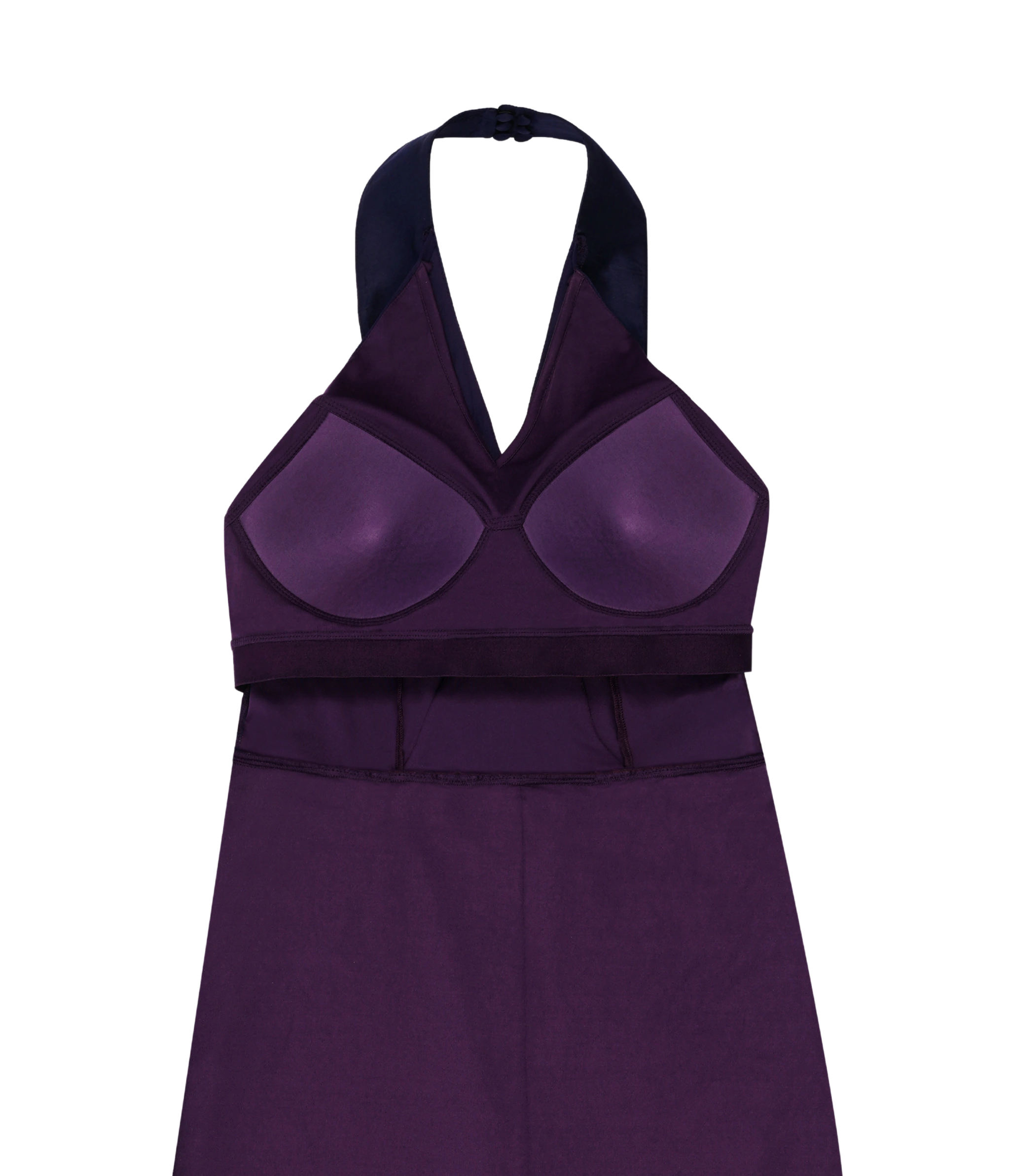 Smart casual eggplant gown with satin collar for women.
