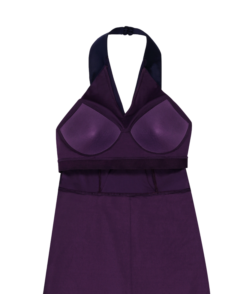 Smart casual eggplant gown with satin collar for women.
