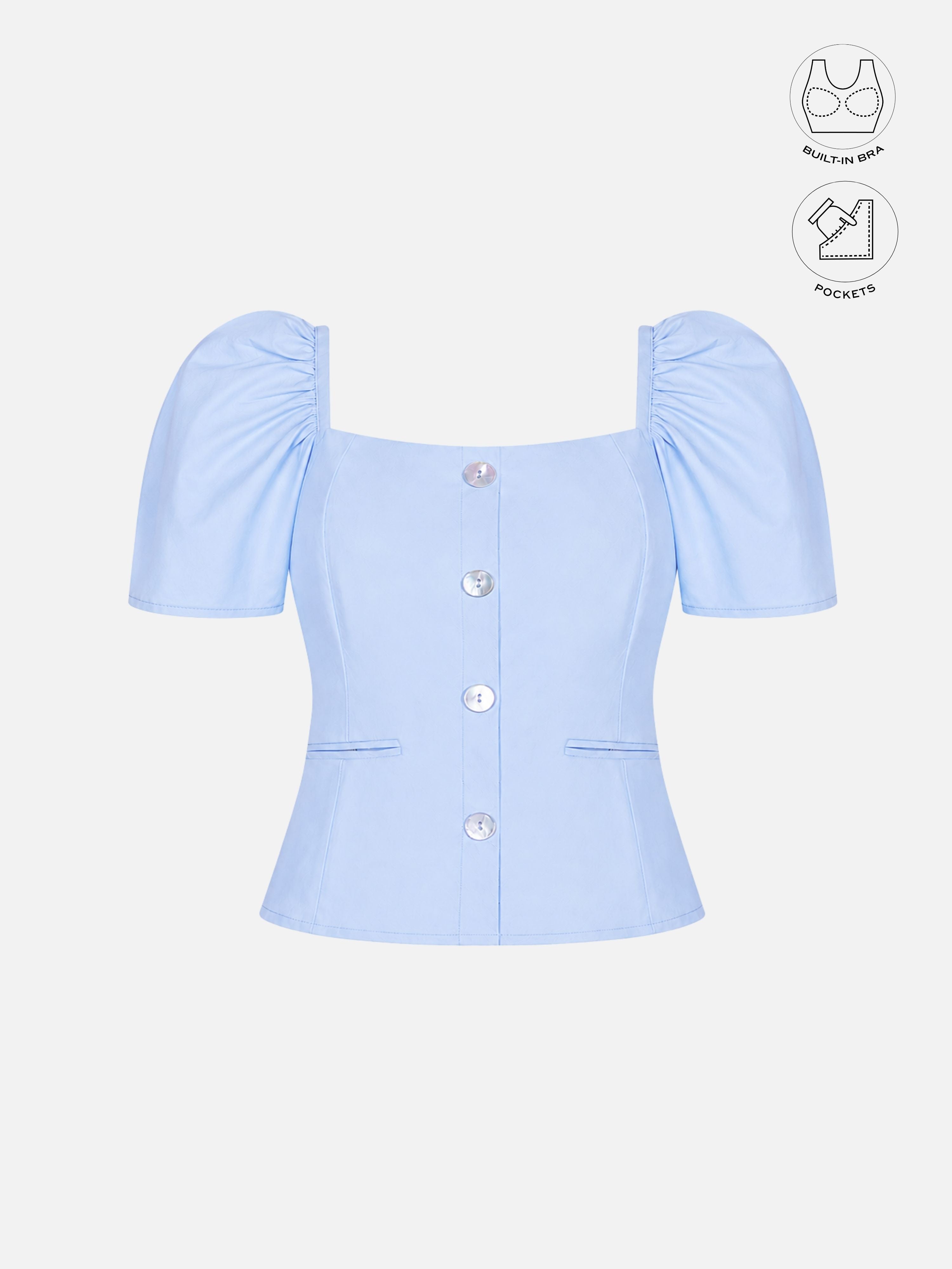 LEONIE ICE BLUE GATHERED SLEEVES BUTTON TOP WITH INBUILT BRA