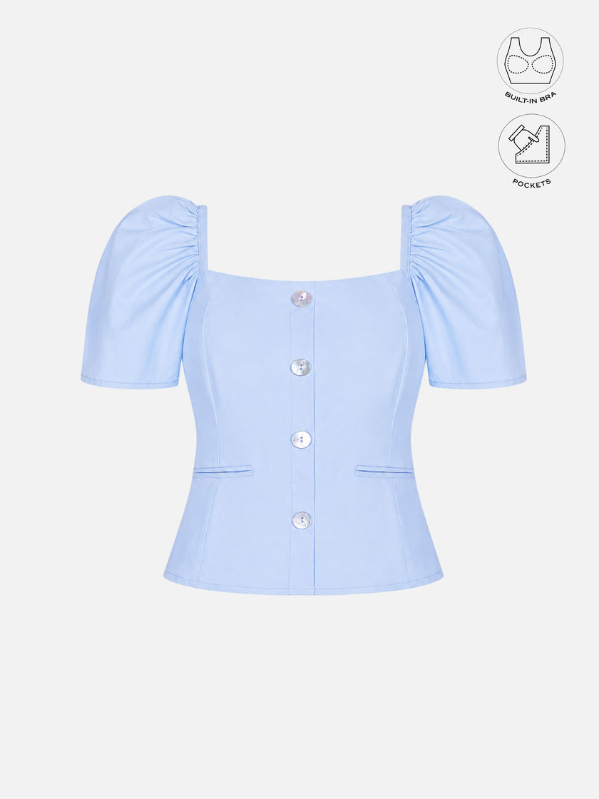 LEONIE ICE BLUE GATHERED SLEEVES BUTTON TOP WITH INBUILT BRA