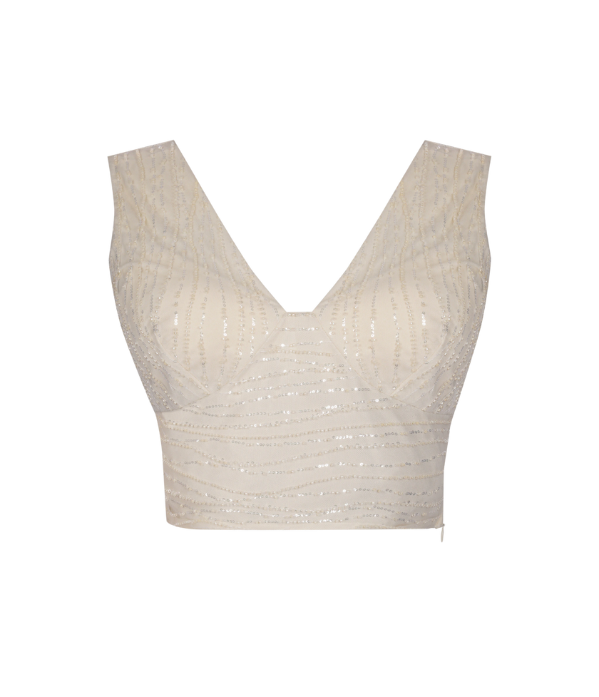 Snug fit ivory padded crop top for women party wear