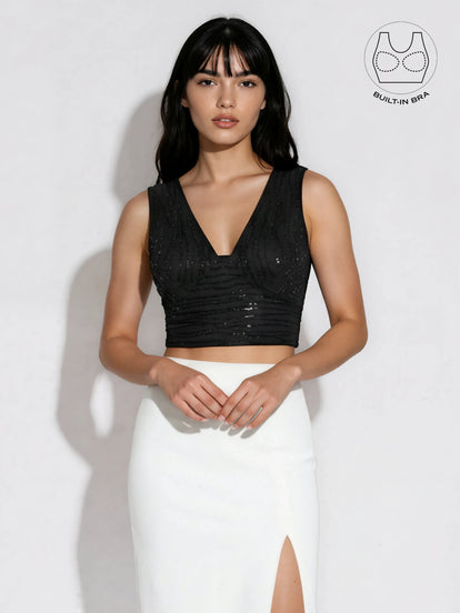 ASTRA BLACK BEADS & SEQUINS CROP TOP WITH INBUILT BRA
