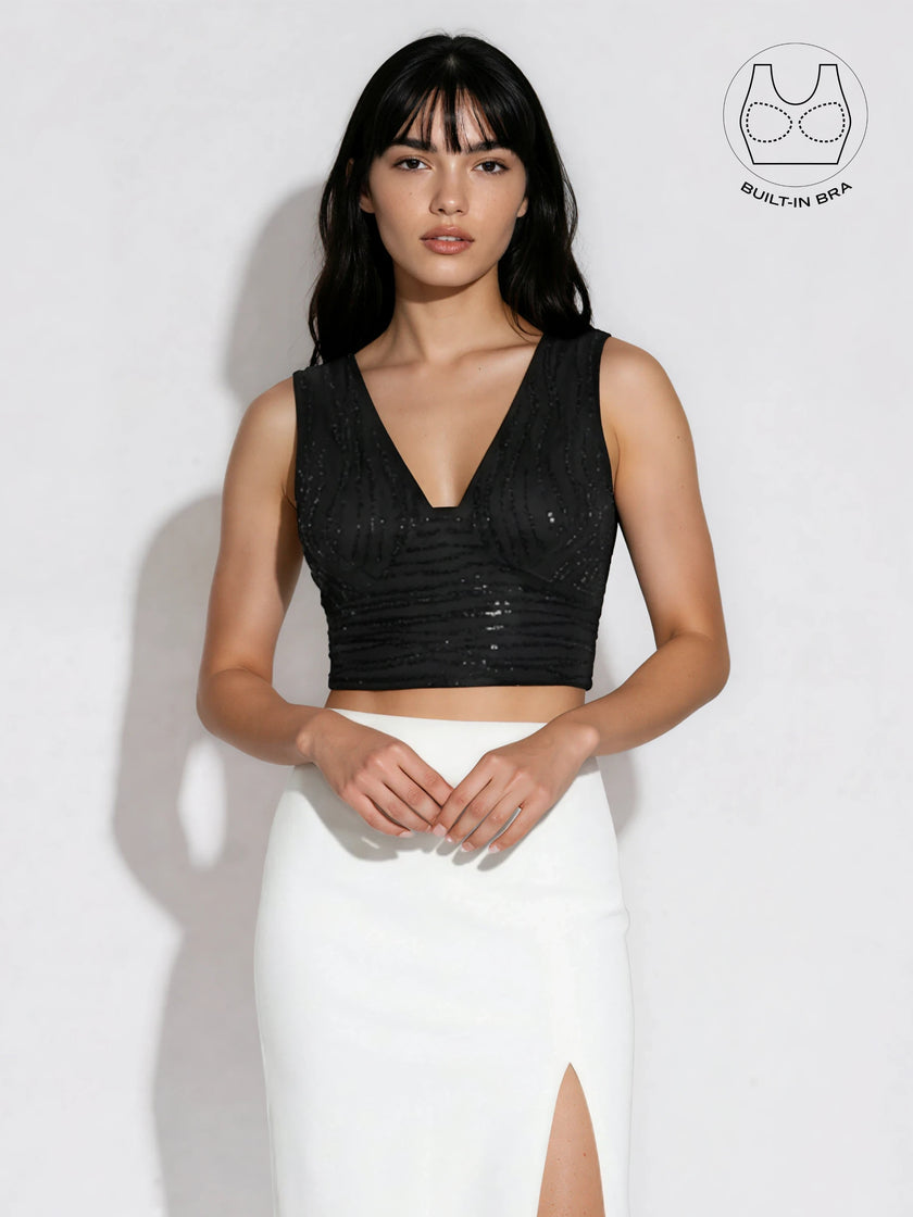 ASTRA BLACK BEADS & SEQUINS CROP TOP WITH INBUILT BRA