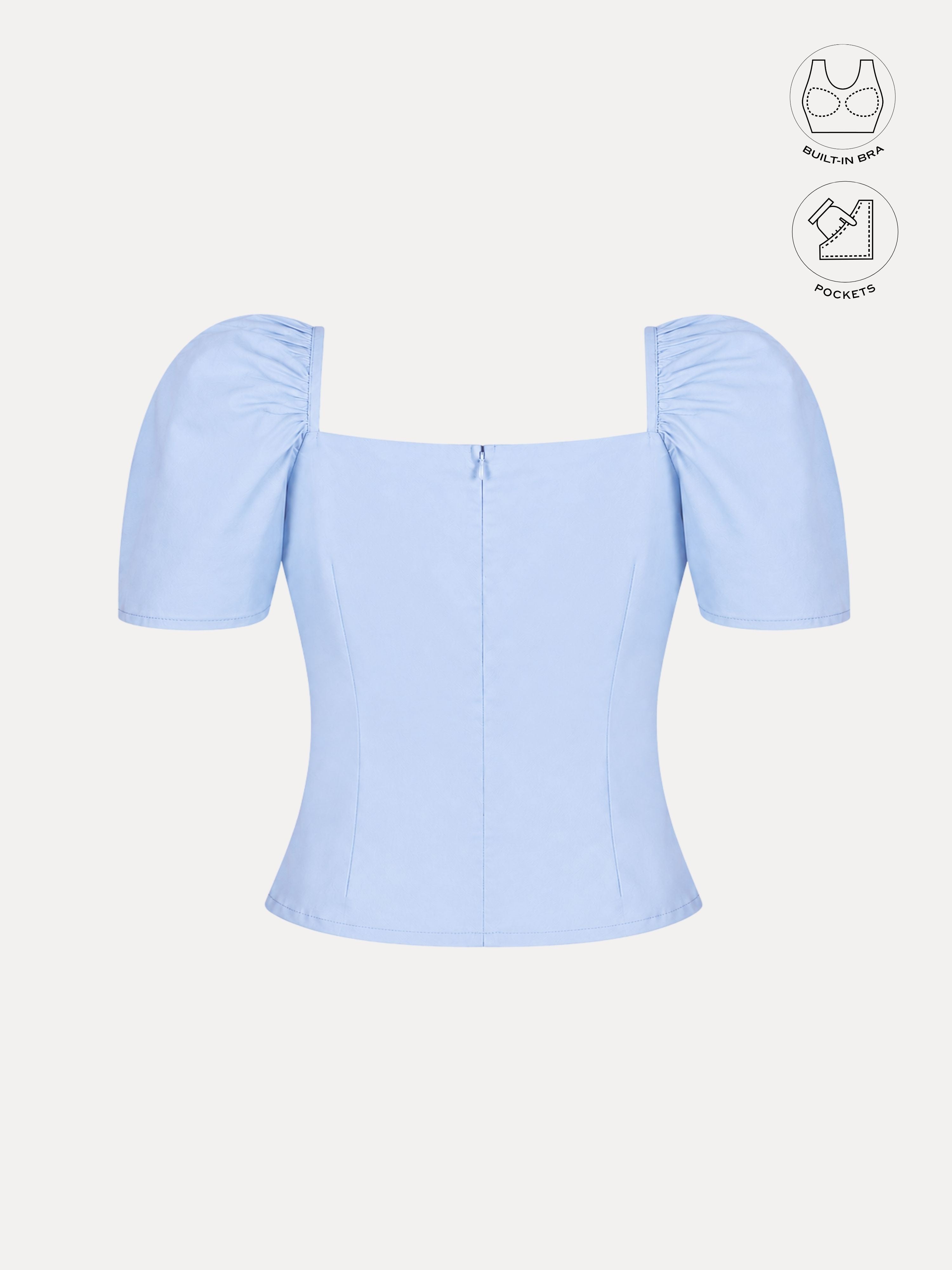 LEONIE ICE BLUE GATHERED SLEEVES BUTTON TOP WITH INBUILT BRA