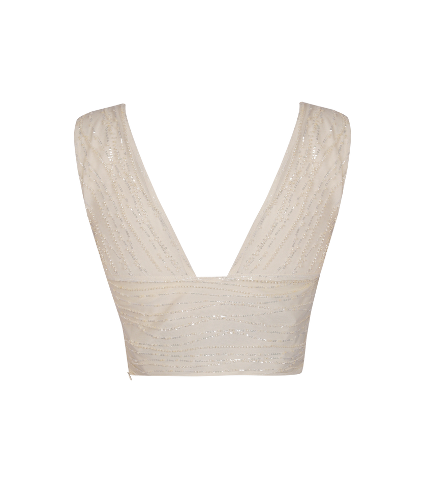 Stylish ivory embroidered crop top with inbuilt bra.
