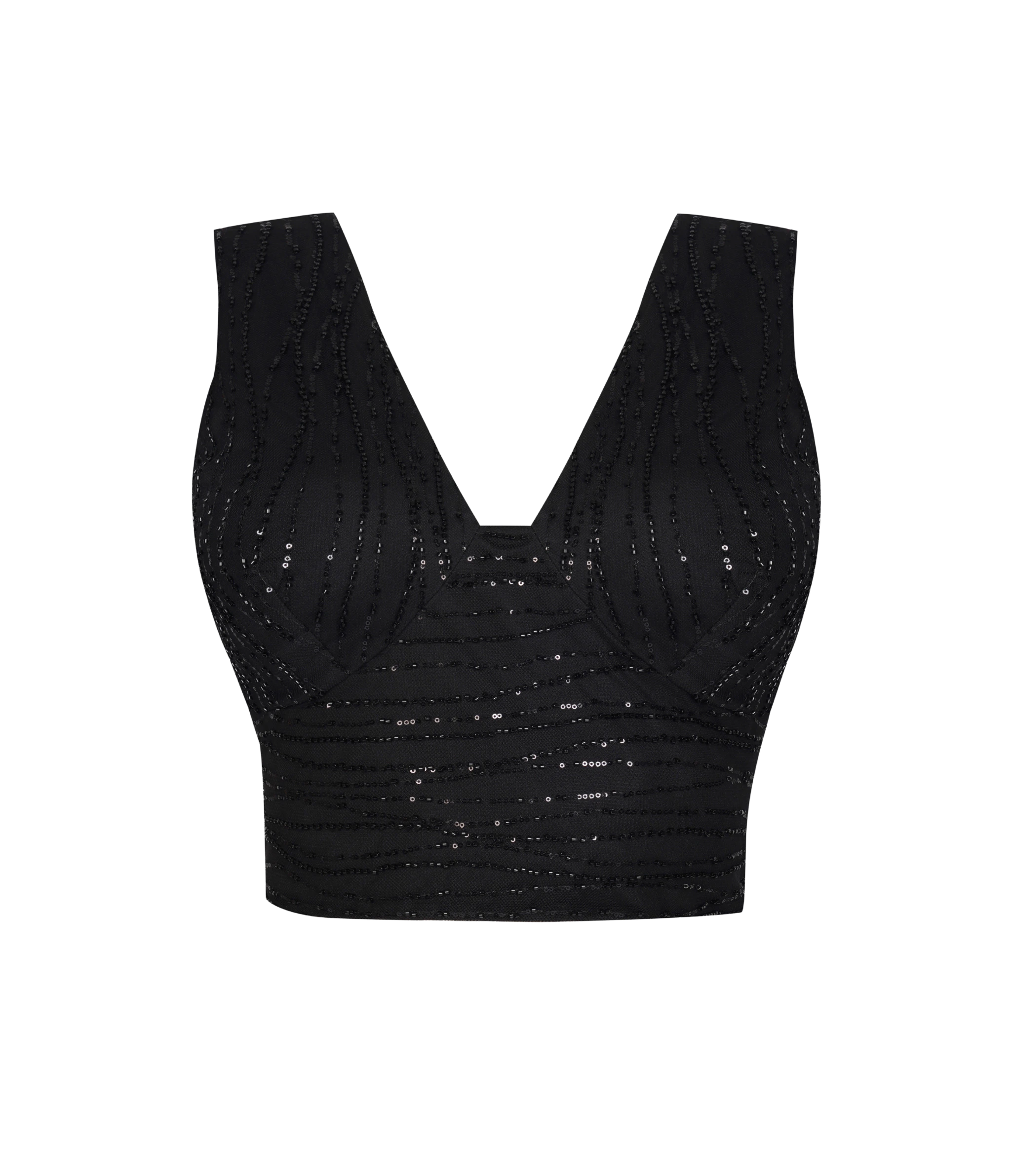 Astra black crop top with embroidery for chic evening wear.