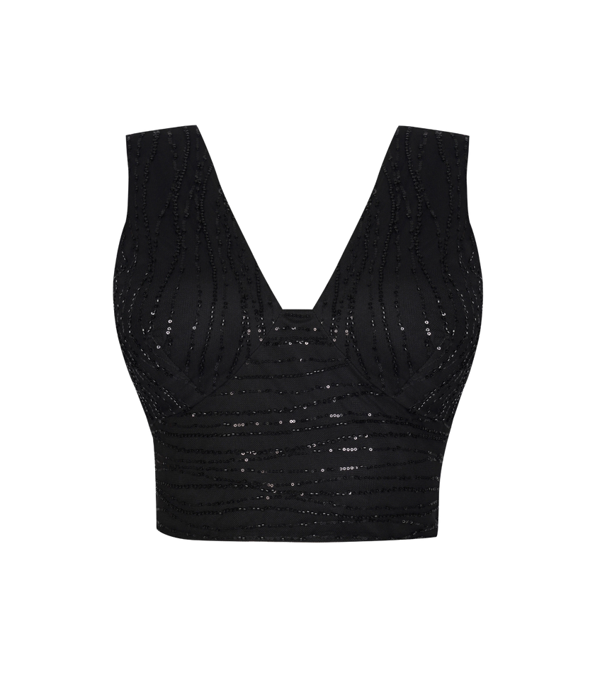 Astra black crop top with embroidery for chic evening wear.