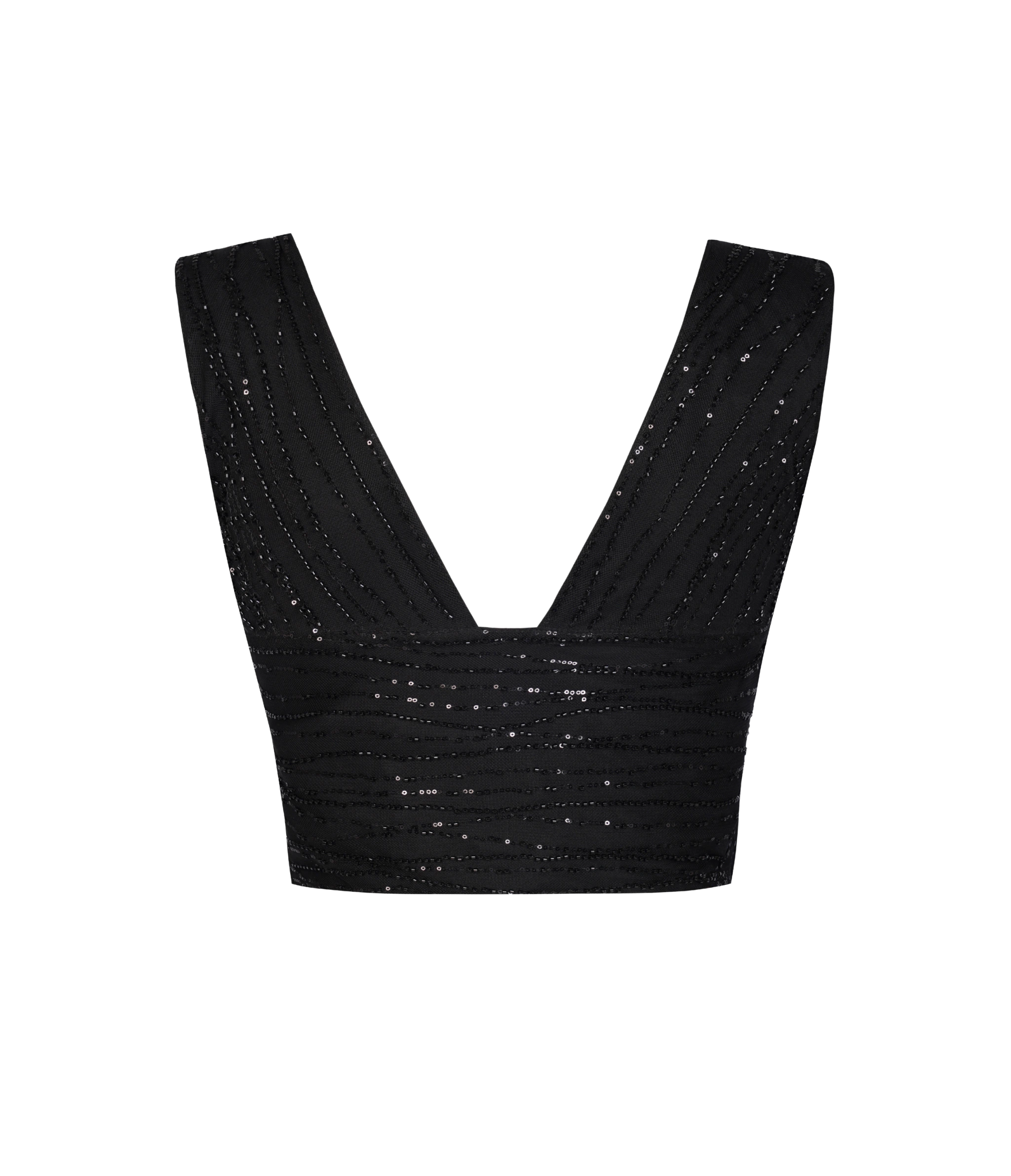 Fashionable black padded crop top with sequin embellishment.
