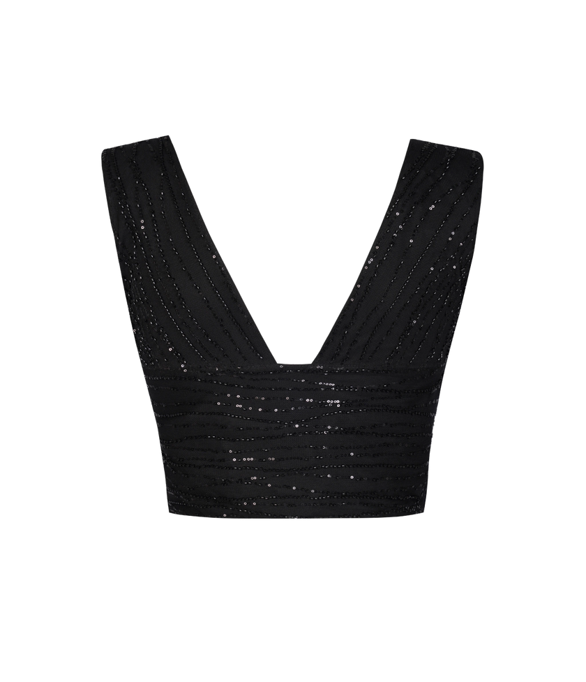 Fashionable black padded crop top with sequin embellishment.
