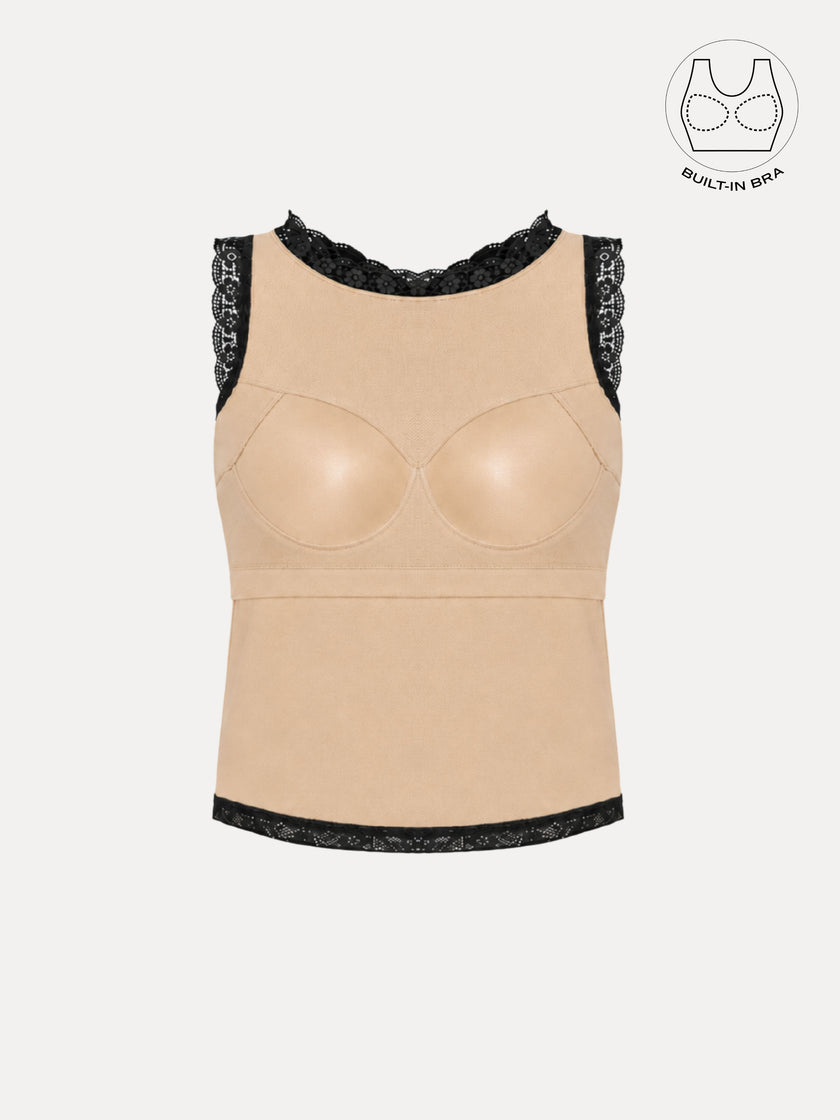 SOLENE BLACK BACKLESS CONTRAST LACE TOP WITH INBUILT BRA