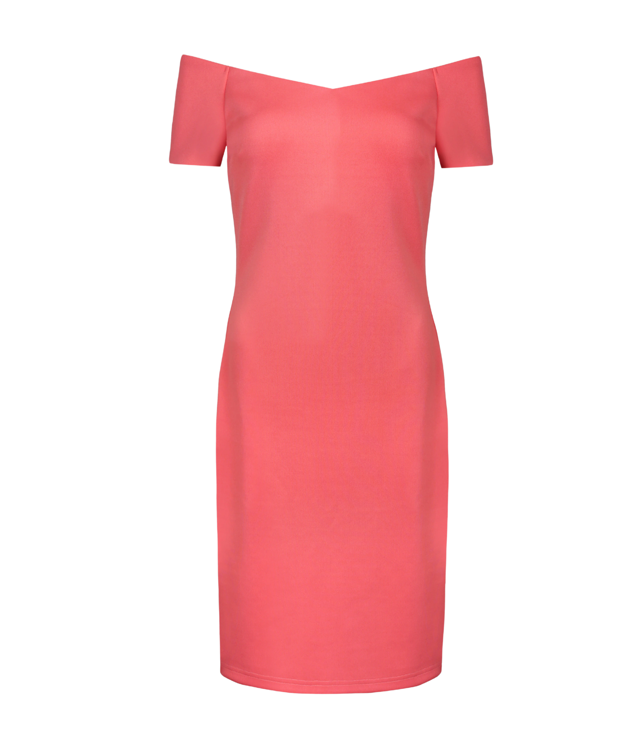 Women’s bardot partywear coral dress with inbuilt bra.