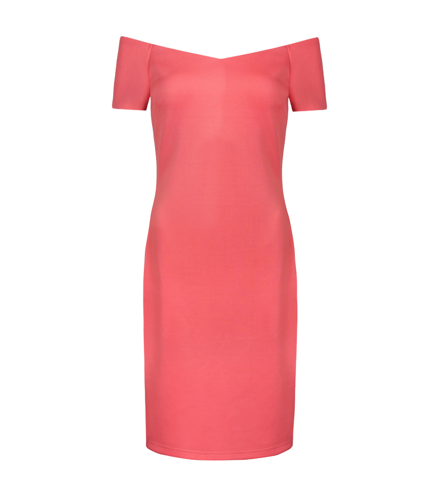 Women’s bardot partywear coral dress with inbuilt bra.