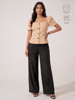 LEONIE BEIGE GATHERED SLEEVES BUTTON TOP WITH INBUILT BRA