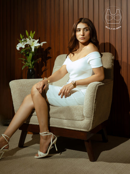 VARIE IVORY BARDOT OFF-SHOULDER PARTY DRESS WITH INBUILT BRA