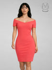VARIE CORAL PINK BARDOT OFF-SHOULDER PARTY DRESS WITH INBUILT BRA