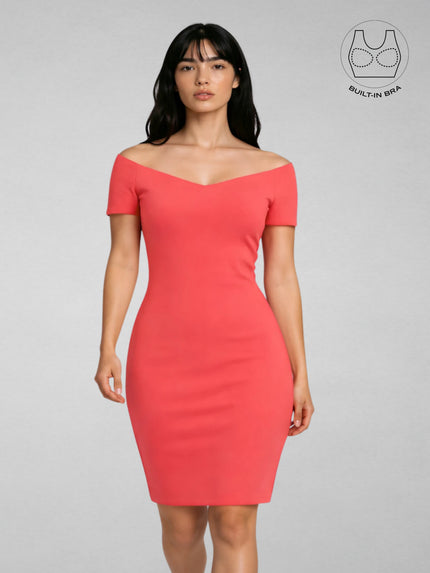 VARIE CORAL PINK BARDOT OFF-SHOULDER PARTY DRESS WITH INBUILT BRA