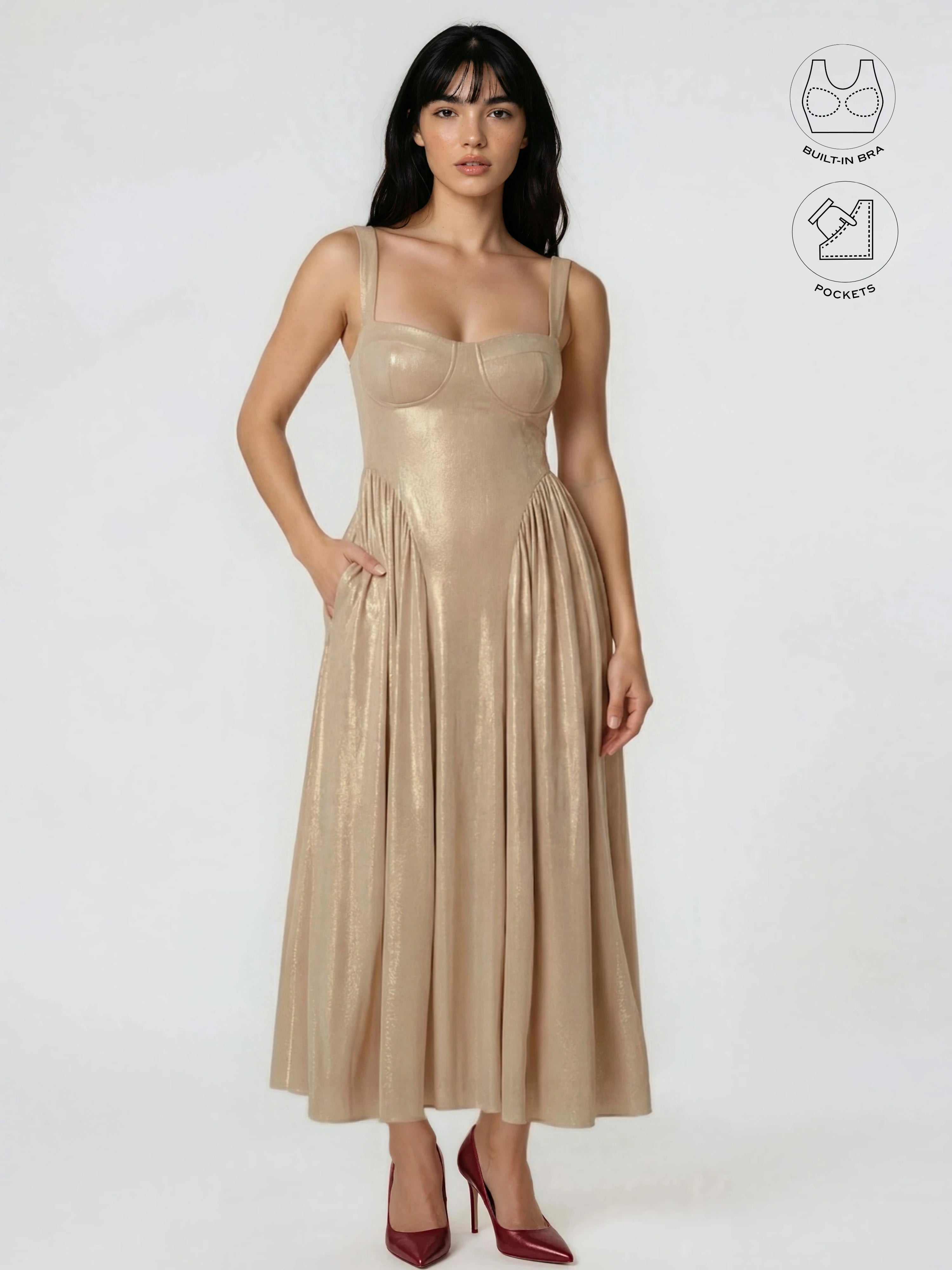 CALYPSA CHAMPAGNE GOLD SHIMMERING MAXI FLARE DRESS WITH BUILT-IN BRA
