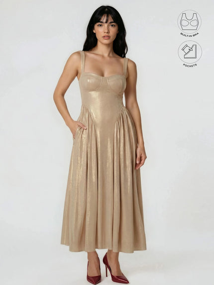 CALYPSA CHAMPAGNE GOLD SHIMMERING MAXI FLARE DRESS WITH BUILT-IN BRA