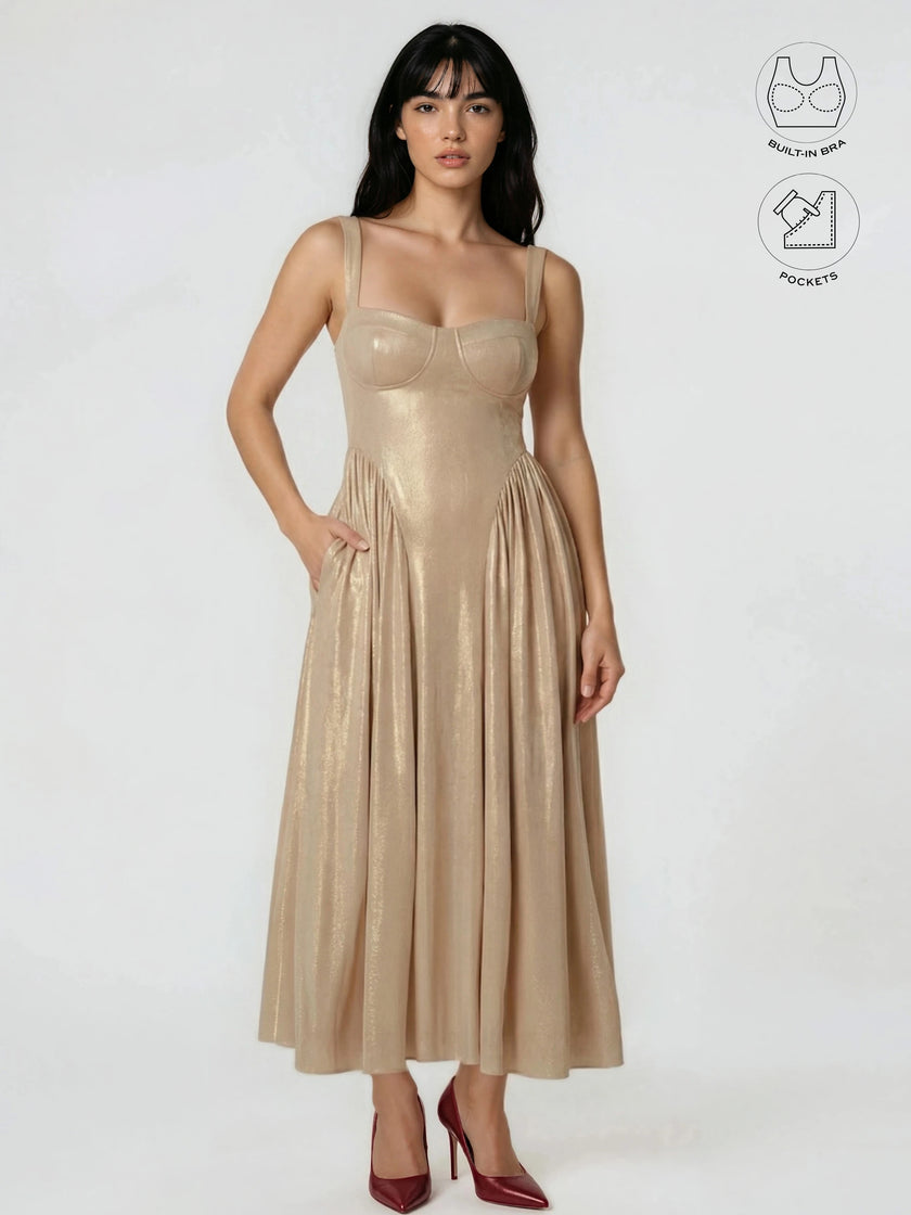 CALYPSA CHAMPAGNE GOLD SHIMMERING MAXI FLARE DRESS WITH BUILT-IN BRA