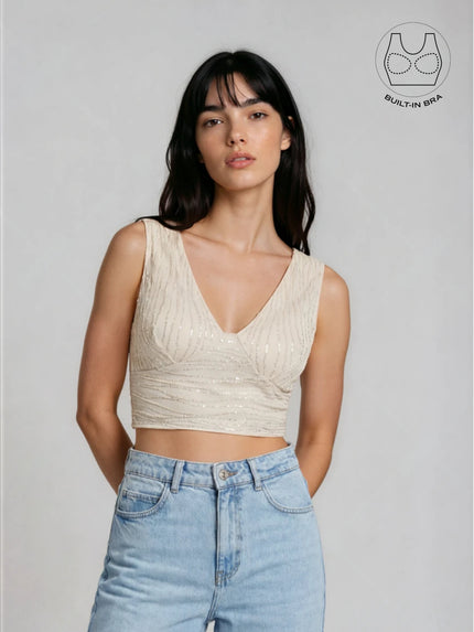 ASTRA IVORY BEADS & SEQUINS CROP TOP WITH INBUILT BRA