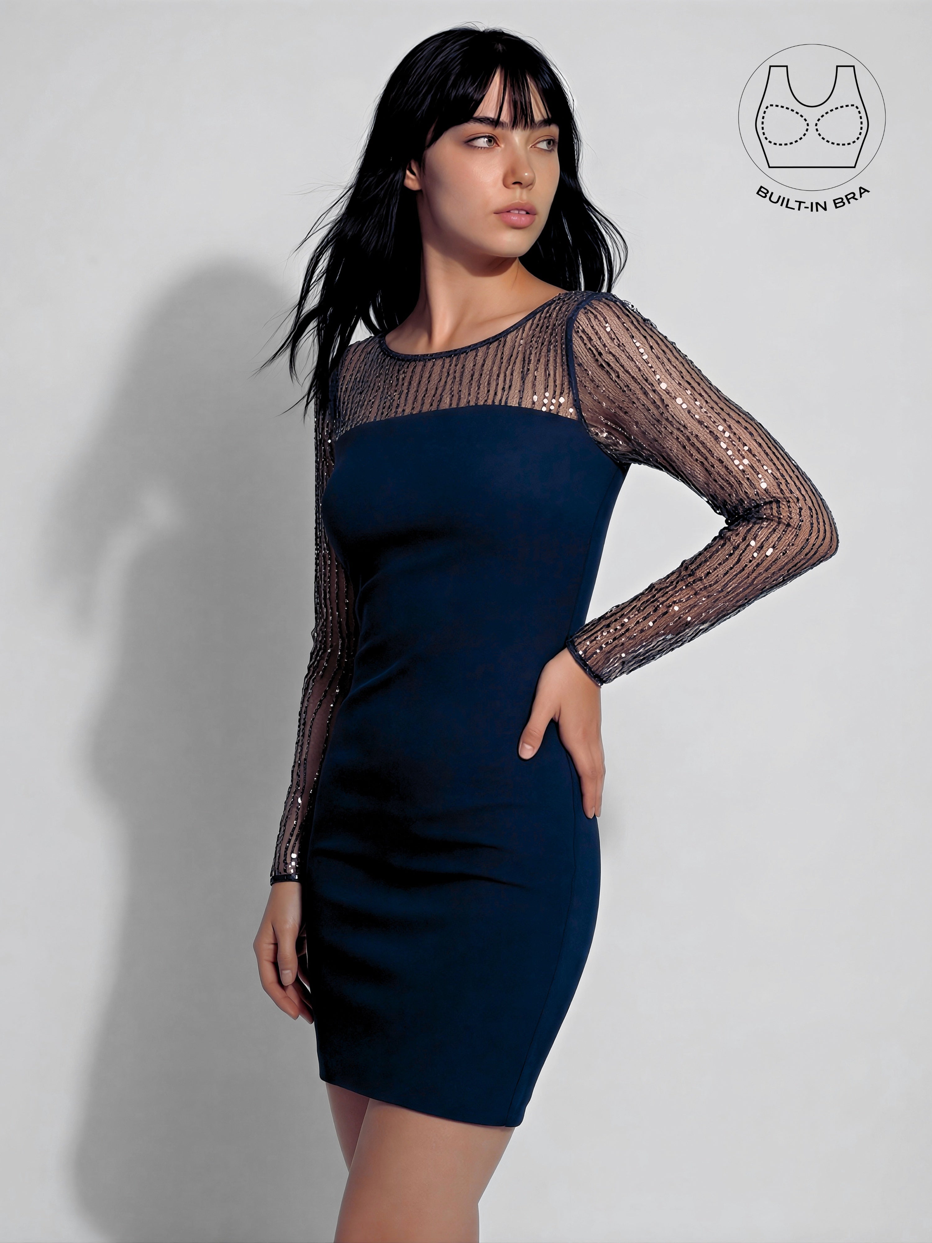 INARA NAVY BLUE BEADS & SEQUINS COCKTAIL DRESS WITH INBUILT BRA