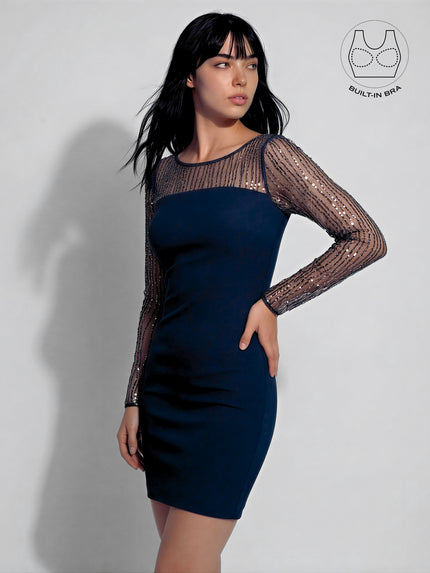 INARA NAVY BLUE BEADS & SEQUINS COCKTAIL DRESS WITH INBUILT BRA