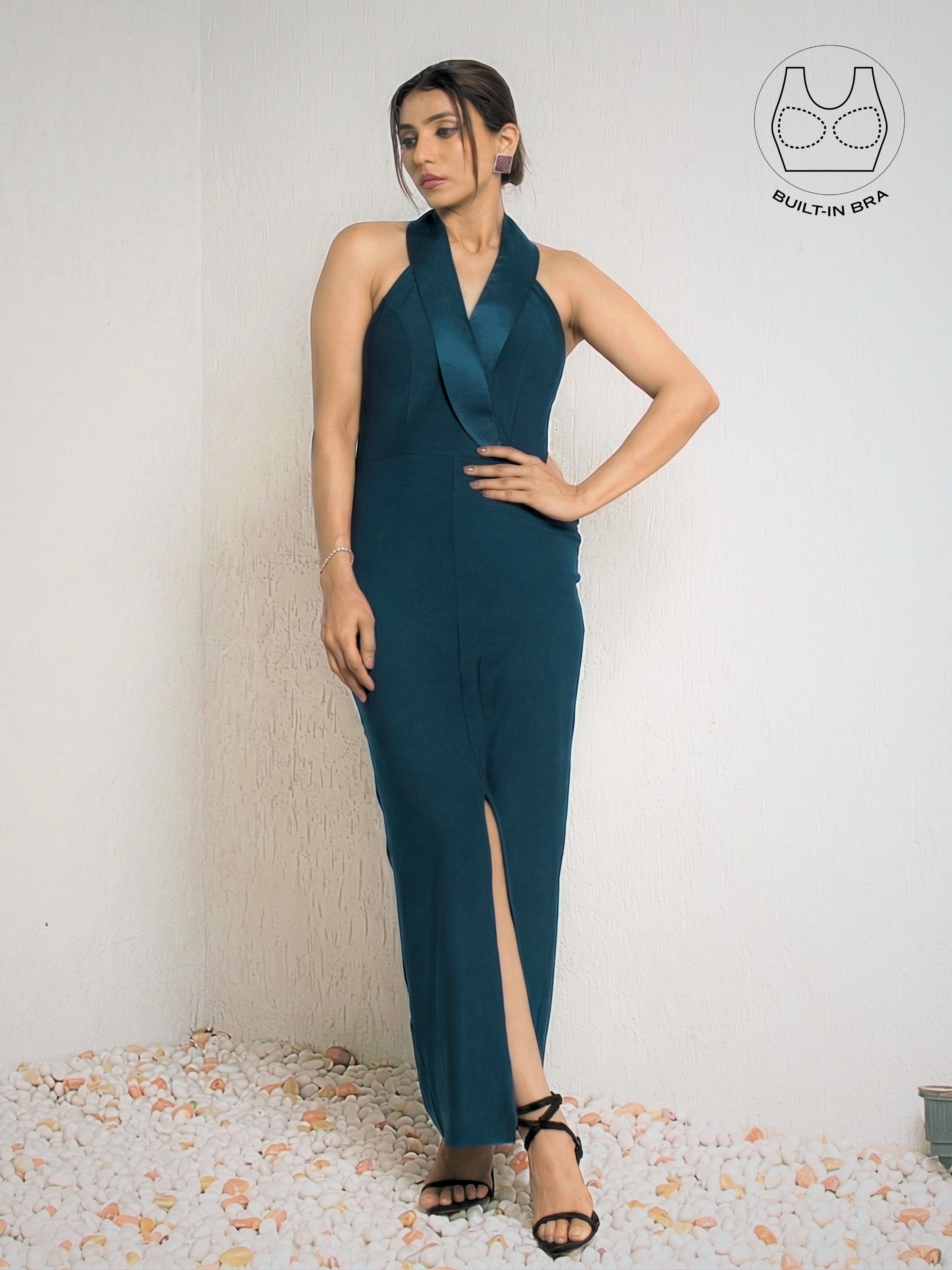 FORTE CRYSTAL TEAL STRUCTURED COLLAR GOWN WITH INBUILT BRA