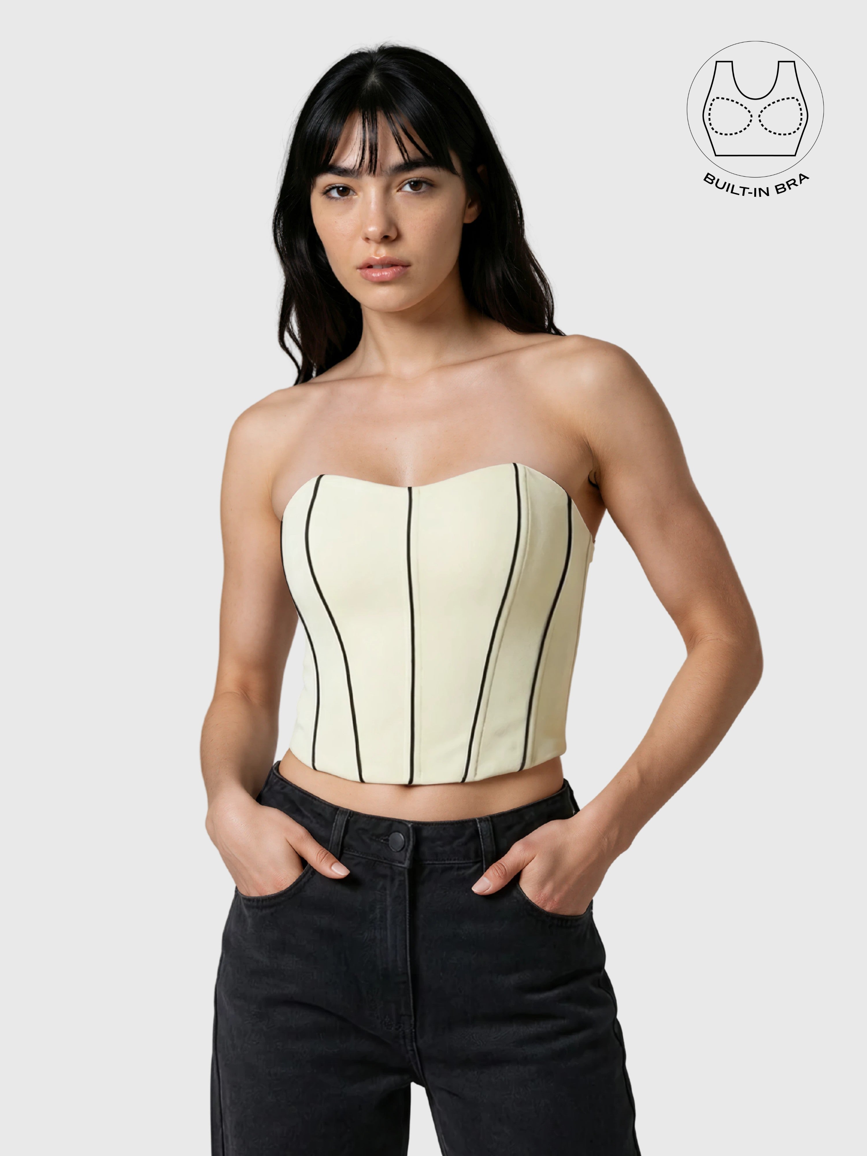 TENERA CREAM SWEETHEART STRIPED CORSET WITH INBUILT BRA