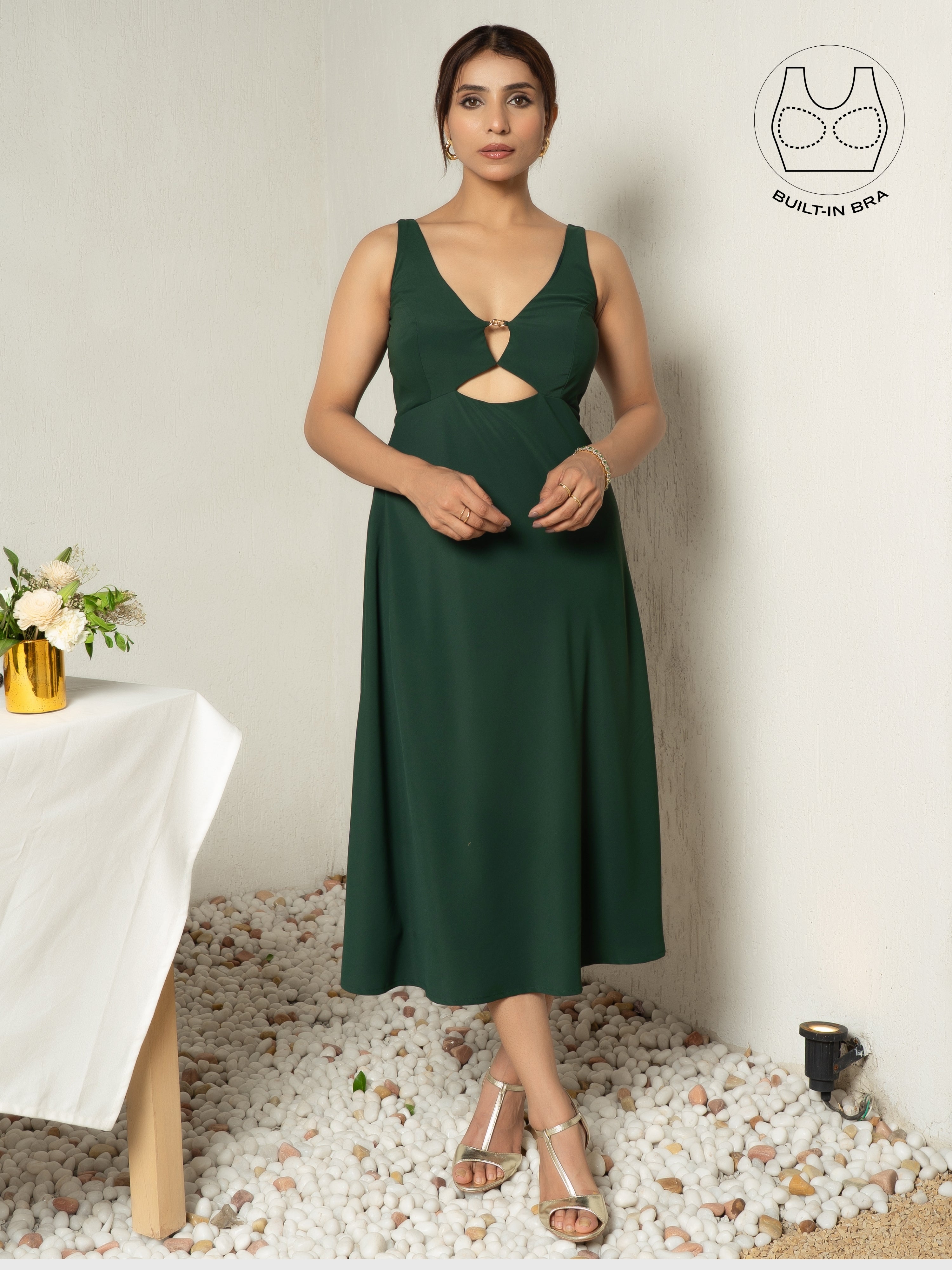 LIBERE FOREST GREEN BUCKLE CUTOUT DRESS WITH INBUILT BRA