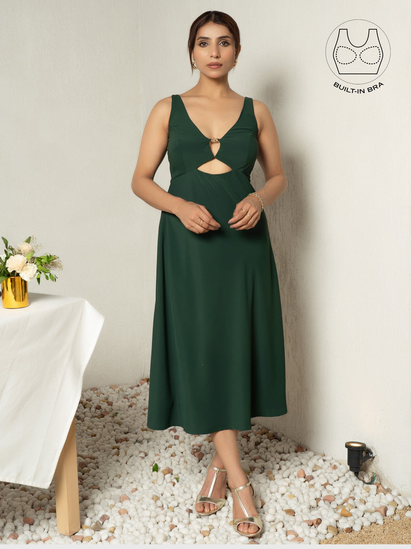 LIBERE FOREST GREEN BUCKLE CUTOUT DRESS WITH INBUILT BRA