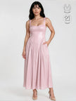 CALYPSA BABY PINK SHIMMERING MAXI FLARE DRESS WITH BUILT-IN BRA