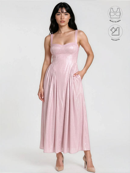 CALYPSA BABY PINK SHIMMERING MAXI FLARE DRESS WITH BUILT-IN BRA