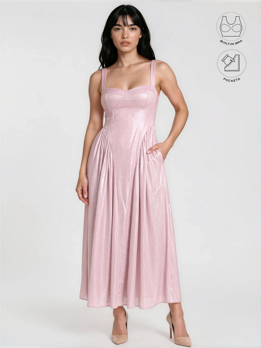 CALYPSA BABY PINK SHIMMERING MAXI FLARE DRESS WITH BUILT-IN BRA