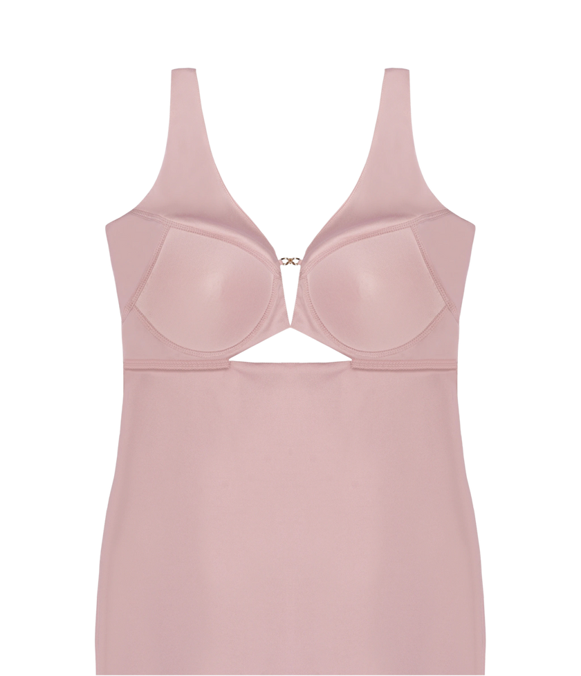 Smooth crepe pink cocktail dress with chic buckle detailing.