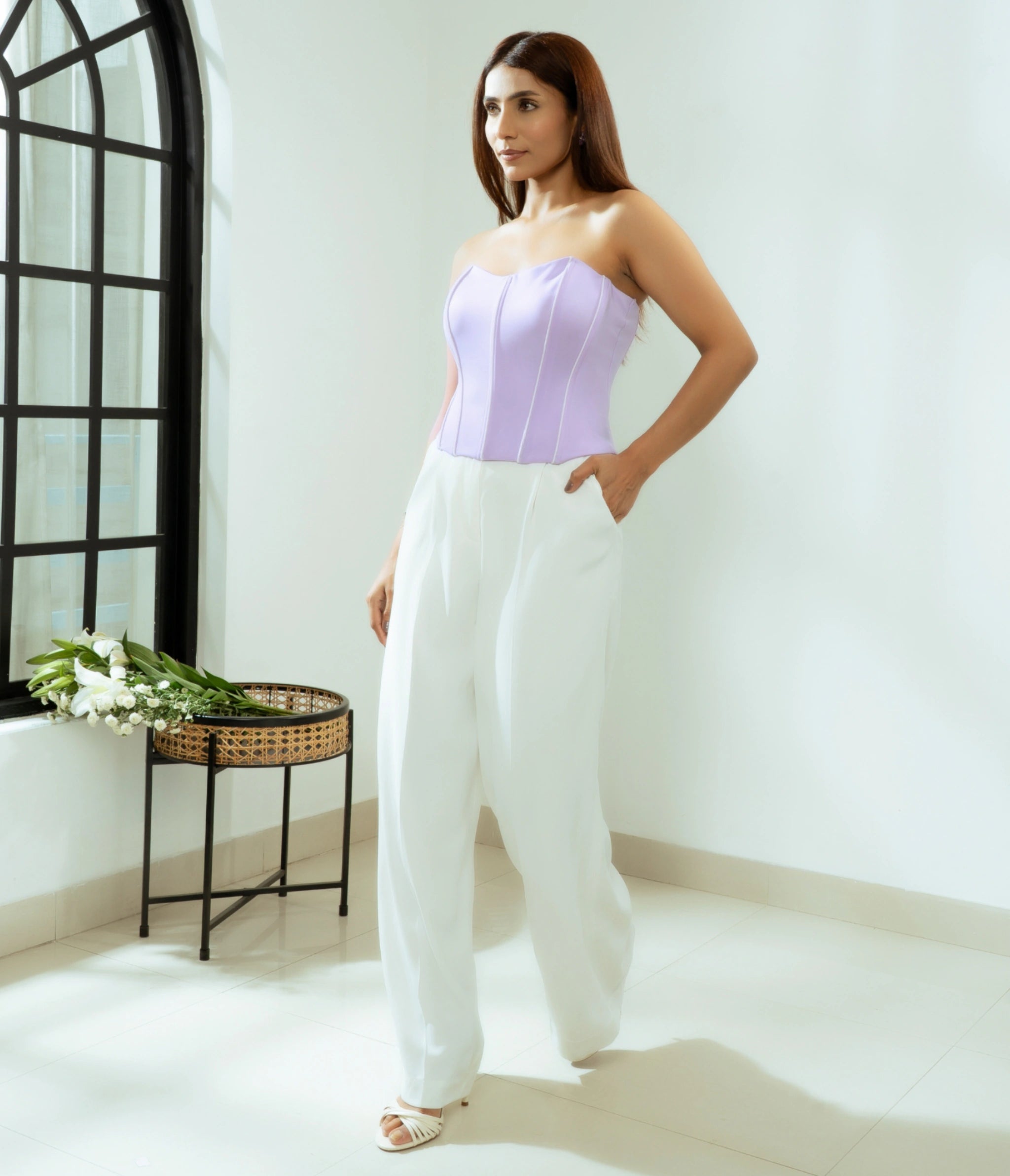 Pastel lavender padded crop top for stylish party outfits.