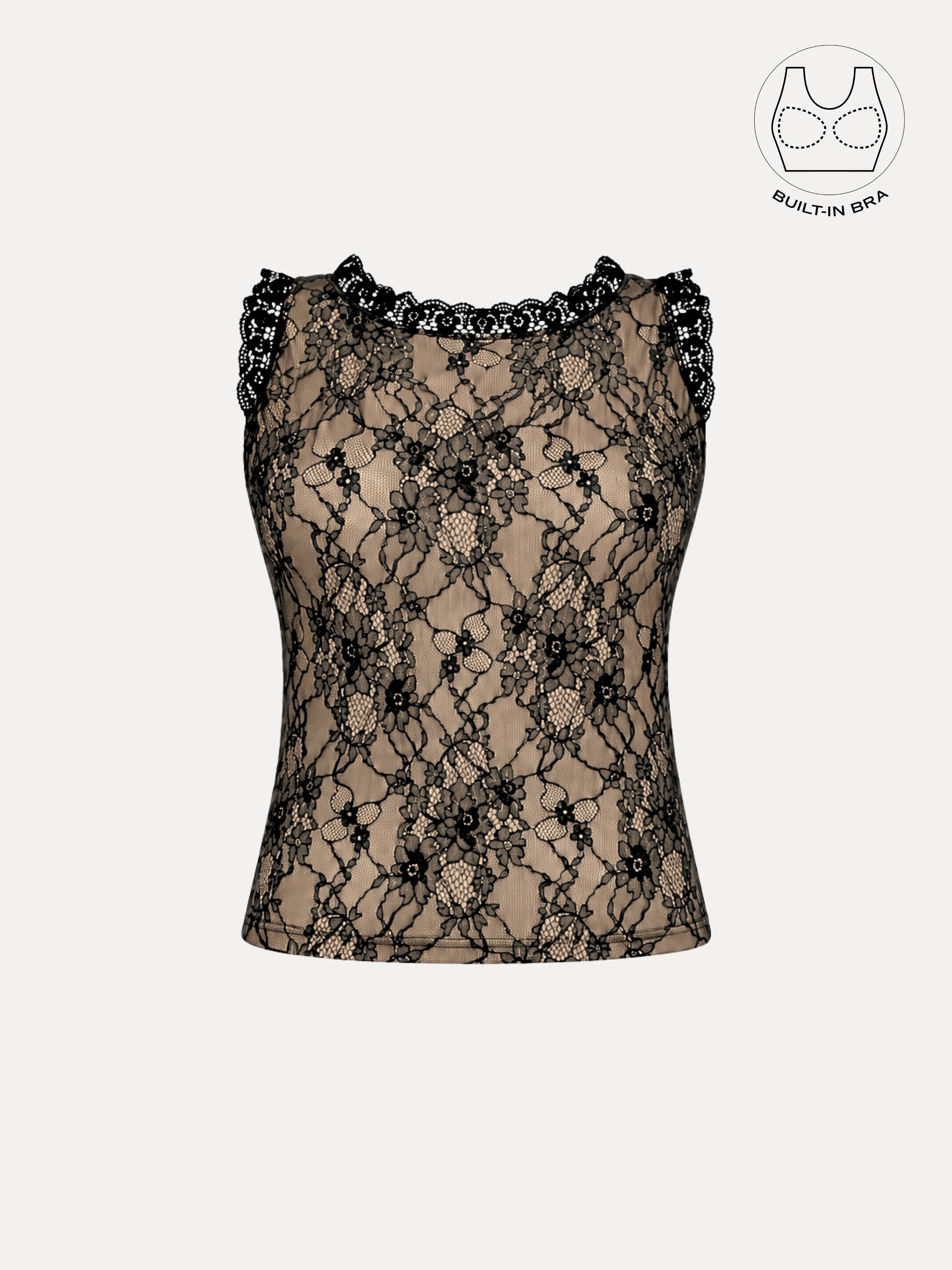 SOLENE BLACK BACKLESS CONTRAST LACE TOP WITH INBUILT BRA