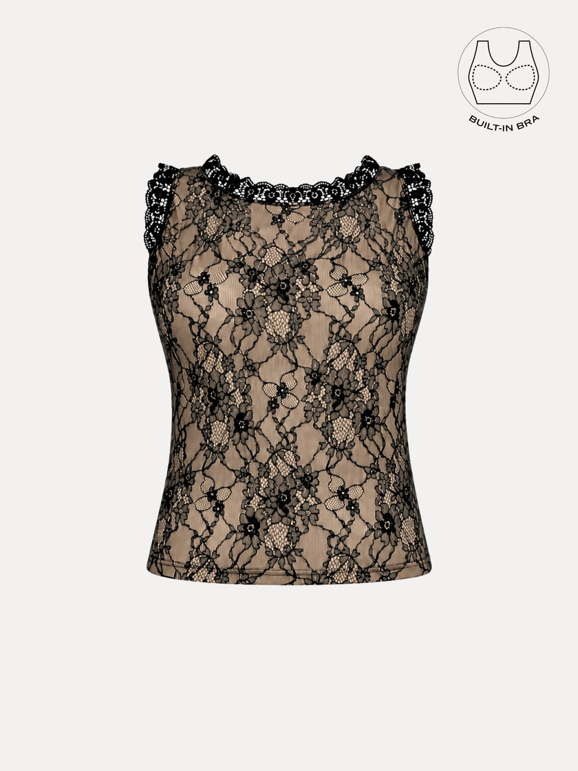 SOLENE BLACK BACKLESS CONTRAST LACE TOP WITH INBUILT BRA