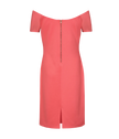 Coral pink off-shoulder padded dress for cocktail evenings.