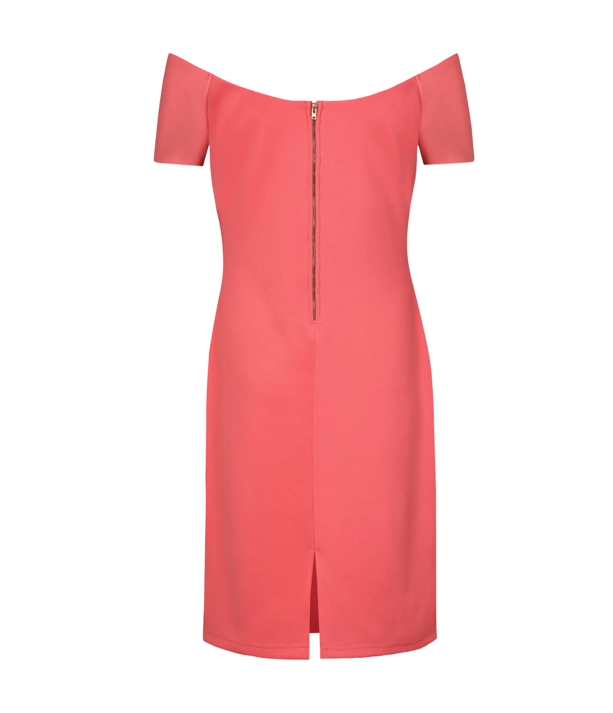 Coral pink off-shoulder padded dress for cocktail evenings.