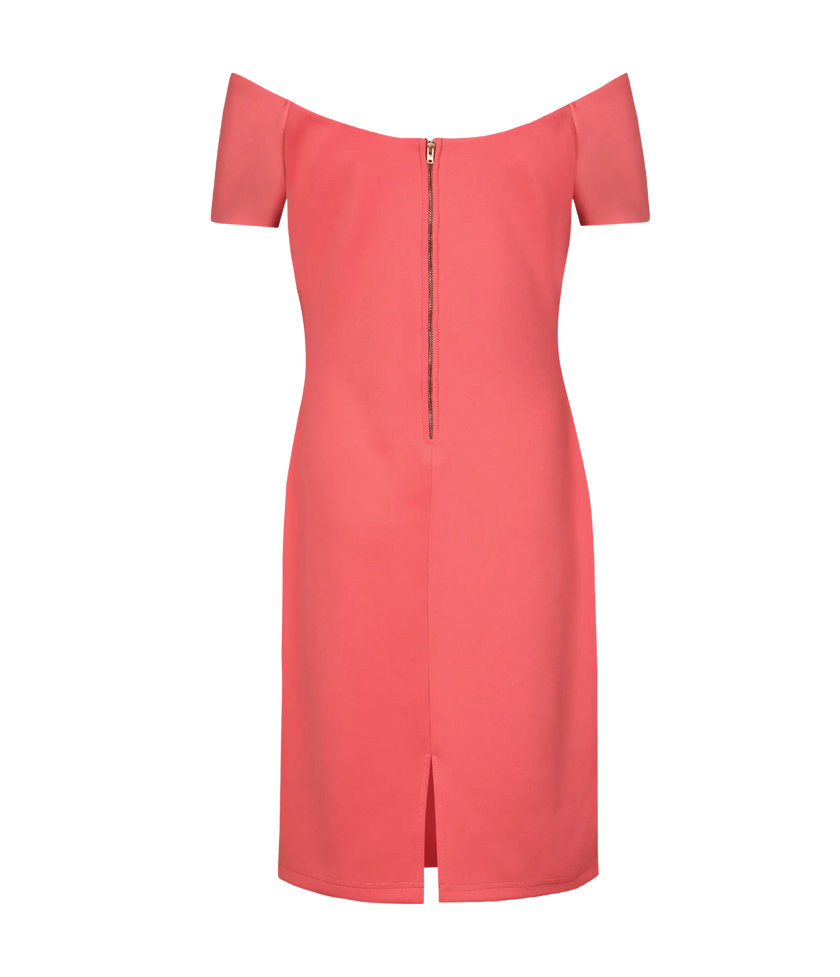 Coral pink off-shoulder padded dress for cocktail evenings.