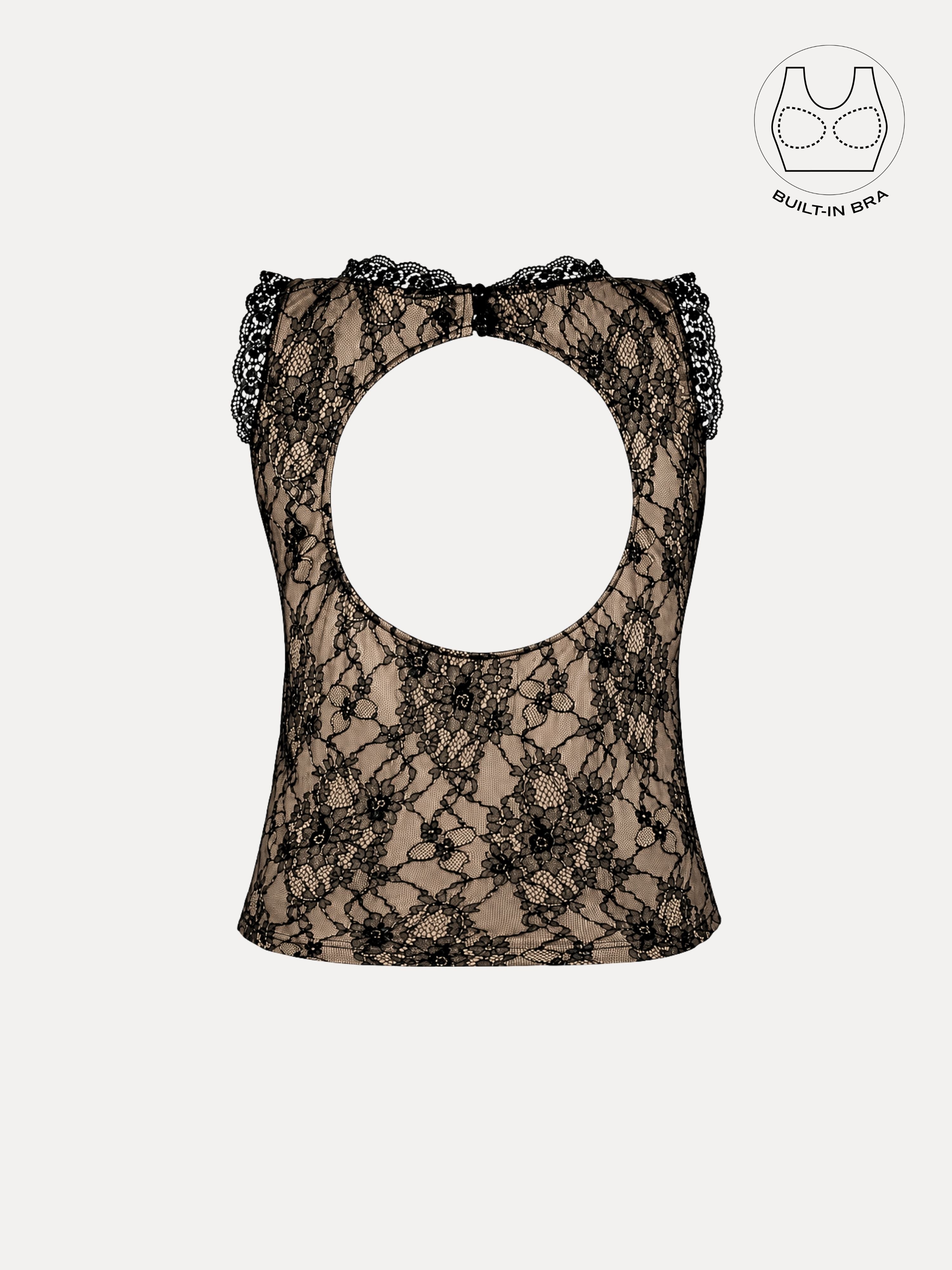 SOLENE BLACK BACKLESS CONTRAST LACE TOP WITH INBUILT BRA