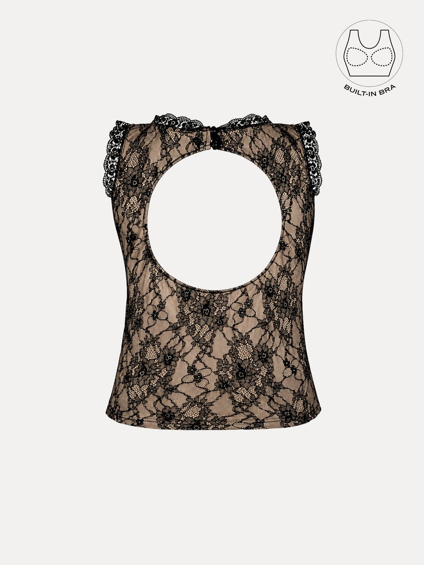 SOLENE BLACK BACKLESS CONTRAST LACE TOP WITH INBUILT BRA